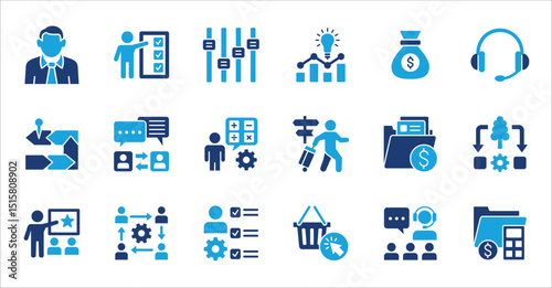 Business company and Management icon set. Contains symbol of teamwork, target, market, global, success, customer service, leadership, holiday, asset, meeting, entrepreneur. Vector illustration