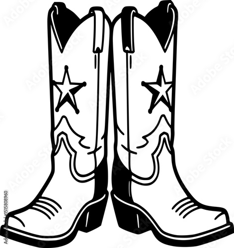 cowboy boots, black and white, western, star, graphic design, minimalist, vector illustration, clean lines, bold, high contrast
