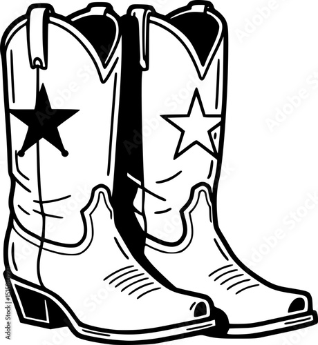cowboy boots, black and white, western, star, graphic design, minimalist, vector illustration, clean lines, bold, high contrast
