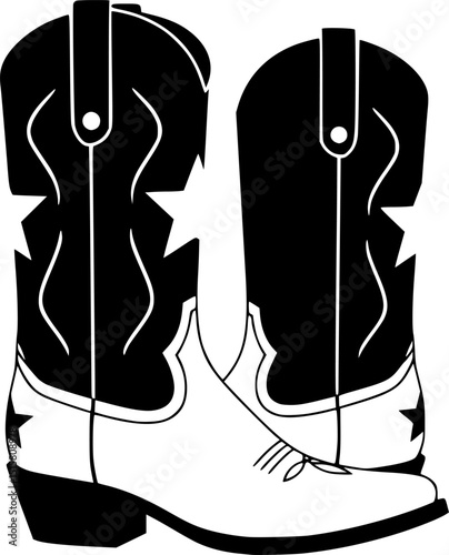 cowboy boots, black and white, western, star, graphic design, minimalist, vector illustration, clean lines, bold, high contrast
