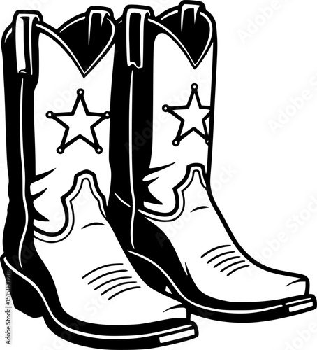 cowboy boots, black and white, western, star, graphic design, minimalist, vector illustration, clean lines, bold, high contrast
