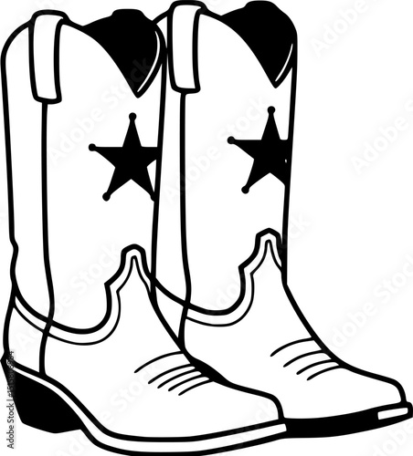 cowboy boots, black and white, western, star, graphic design, minimalist, vector illustration, clean lines, bold, high contrast
