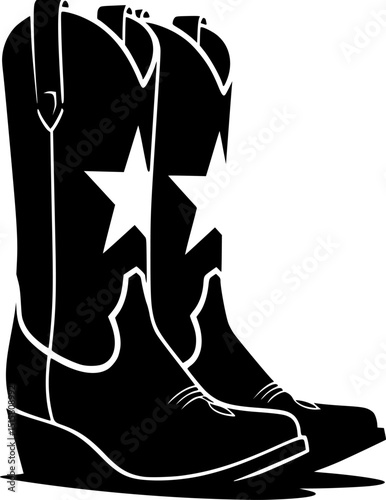 cowboy boots, black and white, western, star, graphic design, minimalist, vector illustration, clean lines, bold, high contrast
