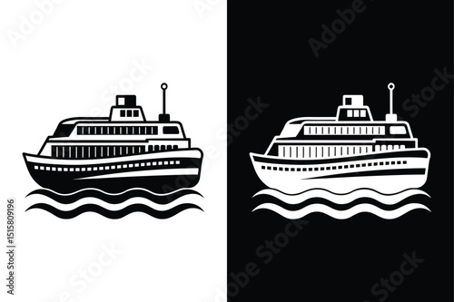 Black White Ferry Boat Vector Icon. Clean Silhouette Sign Design