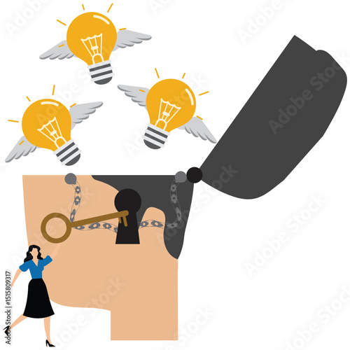 Unlock true potential or new mindset,think about new idea, creativity key to success or career achievement,businesswoman open head with golden key to unlock potential in human brain
