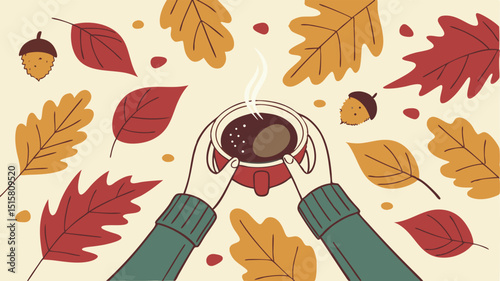 Top view of hands holding a warm cup of coffee, surrounded by autumn leaves and acorns