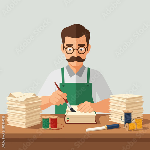 Man Repairing Book with Brush and Glue on Wooden Table