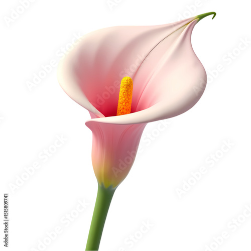 Close up of a light pink calla lily with a yellow spadix   isolated on transparent background