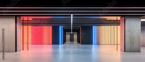 Modern Underground Parking Garage Interior With Colorful Lighting