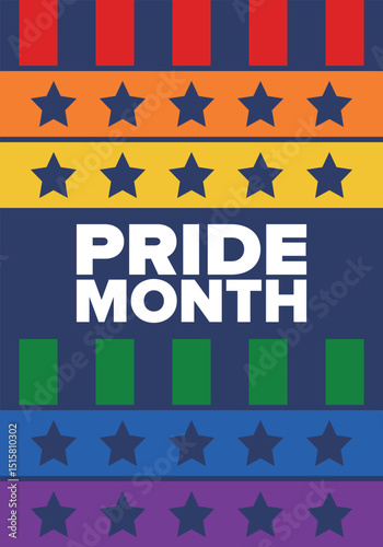 LGBT Pride Month in June. Lesbian Gay Bisexual Transgender. Celebrated annual. LGBT flag. Rainbow love concept. Human rights and tolerance. Poster, card, banner and background. Vector illustration