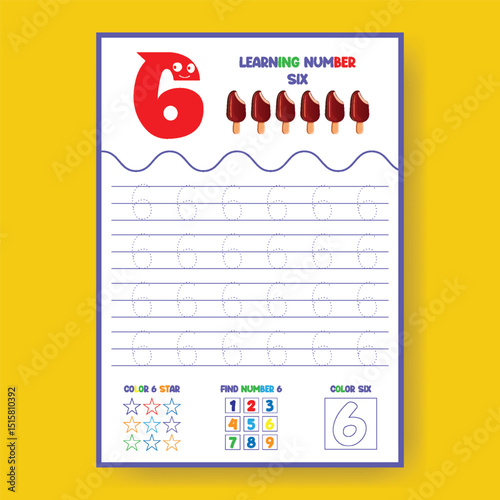 Learning Number Six Worksheet for Kids, number tracing poster