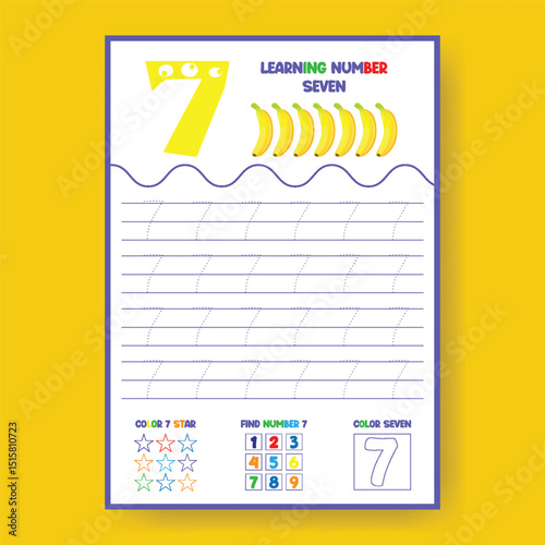 Learning Number 7 Worksheet for Preschoolers with Banana Illustration