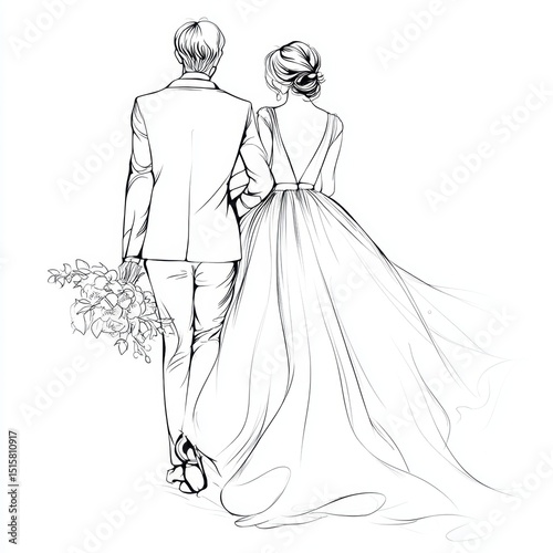 Wedding couple walking hand in hand sketch	