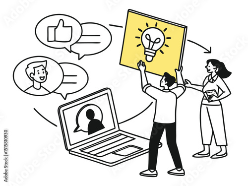 Brainstorming Together: A group of colleagues collaborate in the development of a big idea. A collaborative workspace is full of ideas and online communication is active.