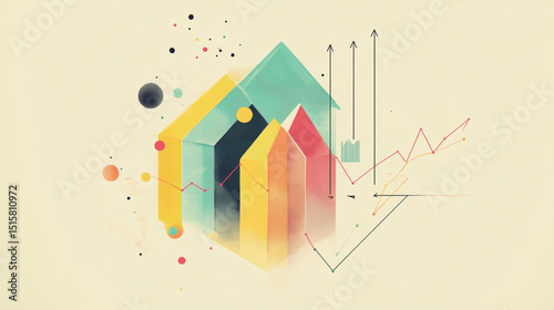 Colorful abstract background with arrows and house icons representing real estate, eco homes, and property concepts in a modern vector design