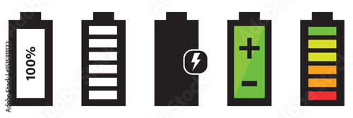 Battery symbols with fast charging, exclamation, low, plus, minus, tick and full charge signs. symbol charge battery icons art vector illustration. Battery Full charge indicator, low charge sign.