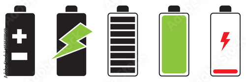 Battery symbols with fast charging, exclamation, low, plus, minus, tick and full charge signs. symbol charge battery icons art vector illustration. Battery Full charge indicator, low charge sign.
