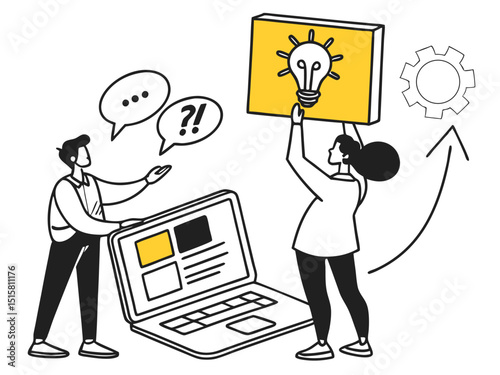 Creative Innovation: Illustrative depiction of two individuals collaborating, brainstorming ideas to promote innovative projects with question, light bulb concept and gears. 