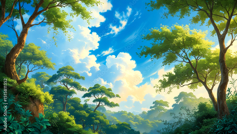 Obraz premium Lush Green Forest Under a Bright Summer Sky