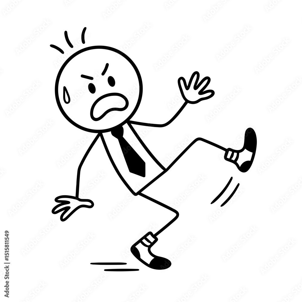 Fototapeta premium Angry stick figure slipping on floor in black and white