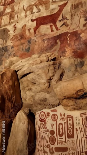 Cave wall with ancient paintings depicting hunters and animals in earth tones, creating prehistoric atmosphere and cultural relevance.