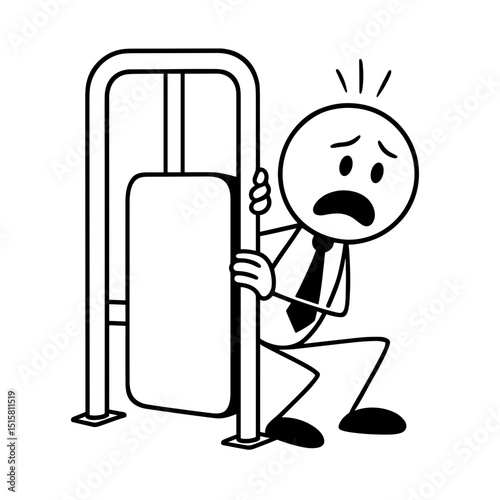 Scared stick figure hiding behind gym equipment in black and white