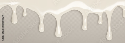 Melting ice cream border isolated on transparent background. Vector realistic illustration of white paint drops, seamless molten vanilla dessert frame, sweet milk yogurt flow, creamy glaze texture