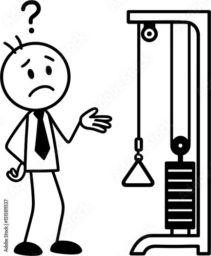 Confused stick figure looking at gym machine in black and white