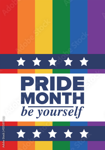 LGBT Pride Month in June. Lesbian Gay Bisexual Transgender. Celebrated annual. LGBT flag. Rainbow love concept. Human rights and tolerance. Poster, card, banner and background. Vector illustration