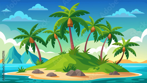 Serene Tropical Island. Palm Trees. Sandy Beach. and Azure Ocean