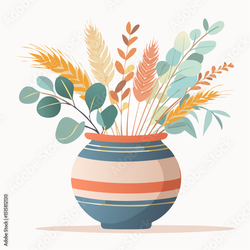 A simple ceramic vase filled with dried pampas and eucalyptus