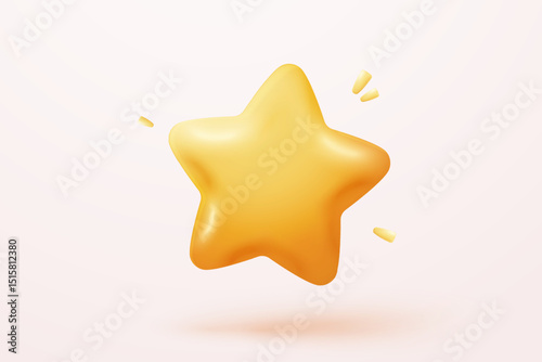 3d yellow stars glossy color icon for game on pink background. Customer rating feedback from client about employee of UI website concept. 3d star quality icon vector with shadow render illustration