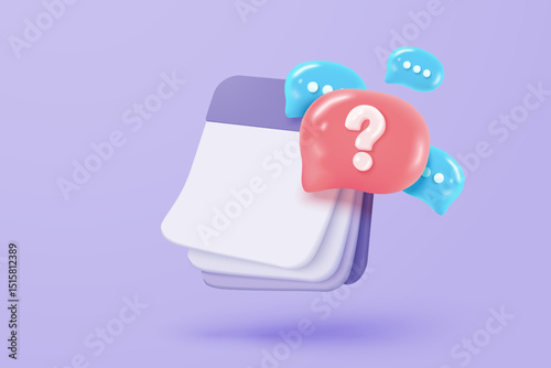 3d calendar with speech bubbles question mark icon sign or ask FAQ and QA answer solution information. Question answer sign or problem. 3d answer speech bubbles icon vector rendering illustration
