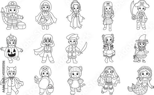 Coloring pages of kids costume in halloween party.