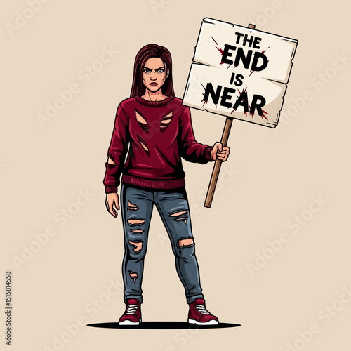 Woman Holding Sign About End Times with Ripped Clothing Illustration