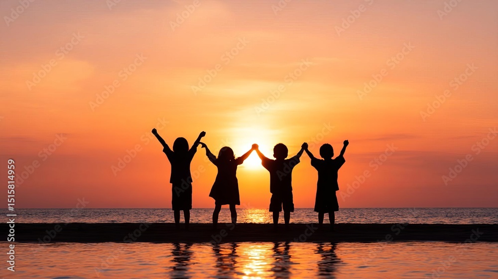 Fototapeta premium Children celebrating joyfully against a beautiful sunset backdrop.