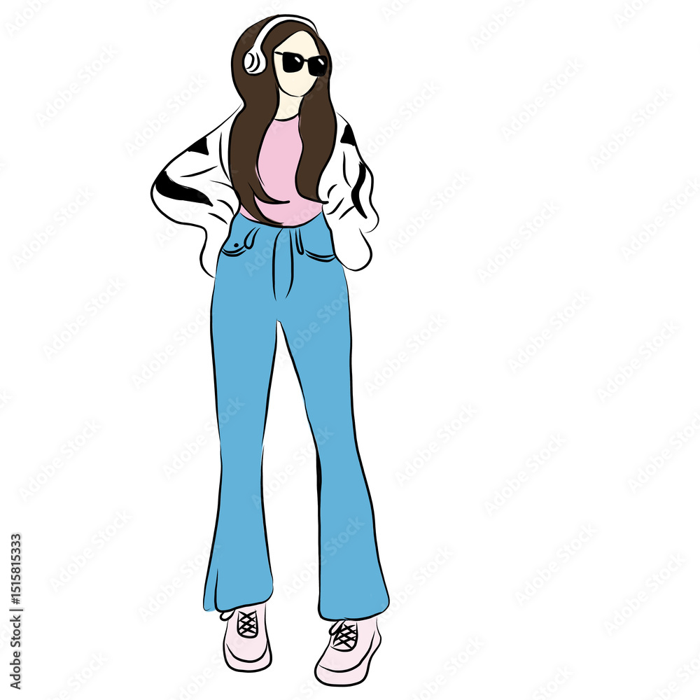 Obraz premium Trendy Woman Listening to Music in Casual Outfit – Line Art Illustration