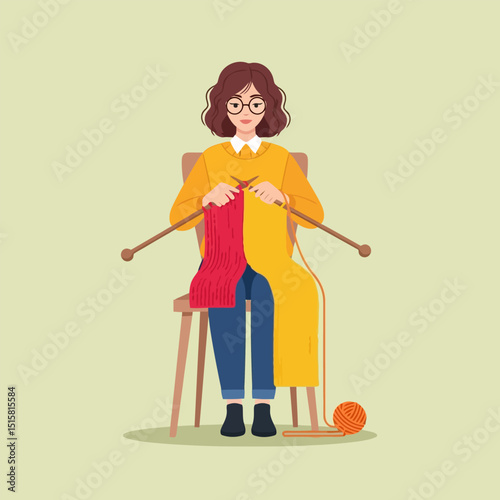 Woman Knitting Colorful Scarf at Home Sitting on Wooden Chair