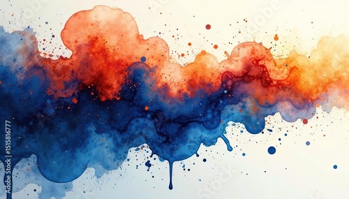 Dark blue and orange watercolor splash, asymmetric drip pattern , movement, fluid