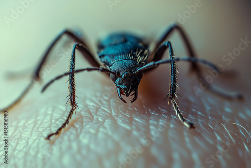 A close-up, high-definition image captures a detailed view of an insect biting the skin of a person's arm, demonstrating sharp focus, intricate structure, and clear clarity. photo