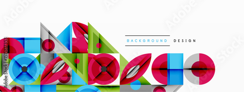 Abstract geometric shapes, vibrant colors, modern design elements. Composition features overlapping forms, creating dynamic visual impact.