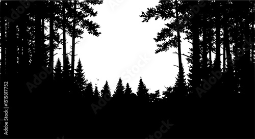 pine forest, silhouette trees, minimalist landscape, monochrome, atmospheric, dramatic shadows, high contrast, digital art
