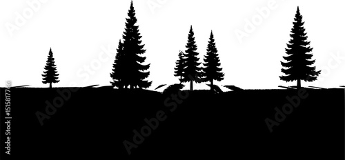 pine forest, silhouette trees, minimalist landscape, monochrome, atmospheric, dramatic shadows, high contrast, digital art
