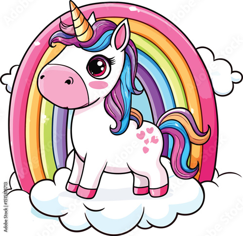 A happy and cute cartoon unicorn with vibrant pink mane and tail, standing playfully on fluffy white clouds in front of a colorful rainbow.