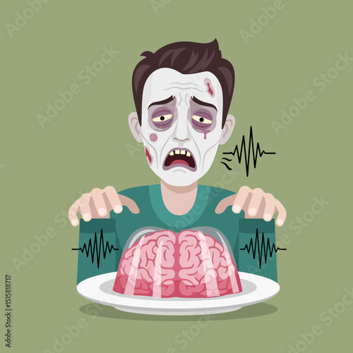 Zombie with Brain Dessert Looking Distressed, Horror Themed Dessert Concept