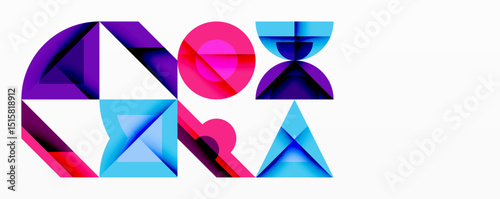 Abstract geometric shapes overlap, creating vibrant colorful design. Modern composition utilizes triangles, circles, rectangles.