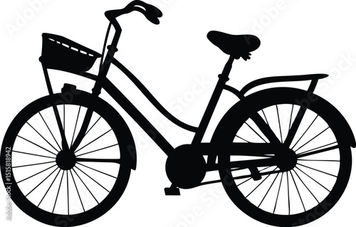 Vector silhouette of a city-style bicycle in side view with front basket – ideal for transport icons, eco-friendly commuting visuals, bike shop graphics, and mobility-related illustrations

