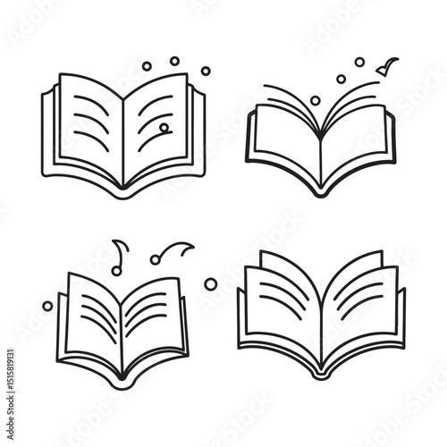 Open Book Illustrations A Set of Four Simple Line Art Designs for Reading, Knowledge, and Education