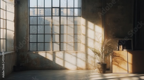 Industrial loft apartment, exposed concrete walls, large windows, minimal decor, warm sunlight