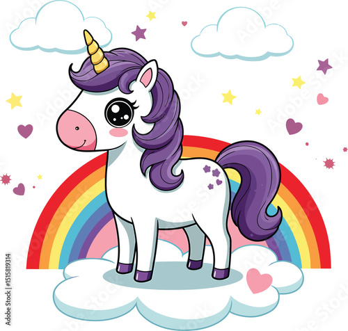 A happy and cute cartoon unicorn with vibrant pink mane and tail, standing playfully on fluffy white clouds in front of a colorful rainbow.